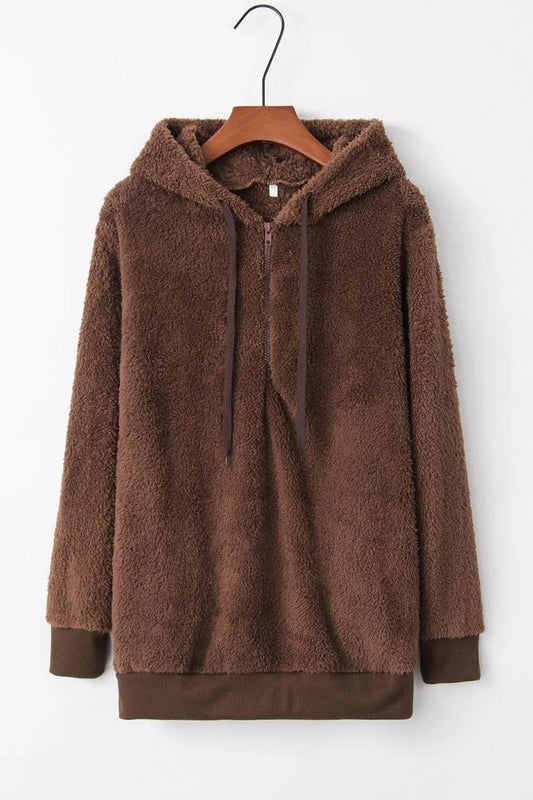 Full Size Quarter-Zip Drawstring Teddy Hoodie - IntuitiveEncBoutique
