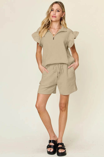 Double Take Full Size Texture Flounce Sleeve Top and Drawstring Shorts Set - IntuitiveEncBoutique