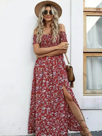 Full Size Slit Off-Shoulder Floral Midi Dress Plus Size - IntuitiveEncBoutique