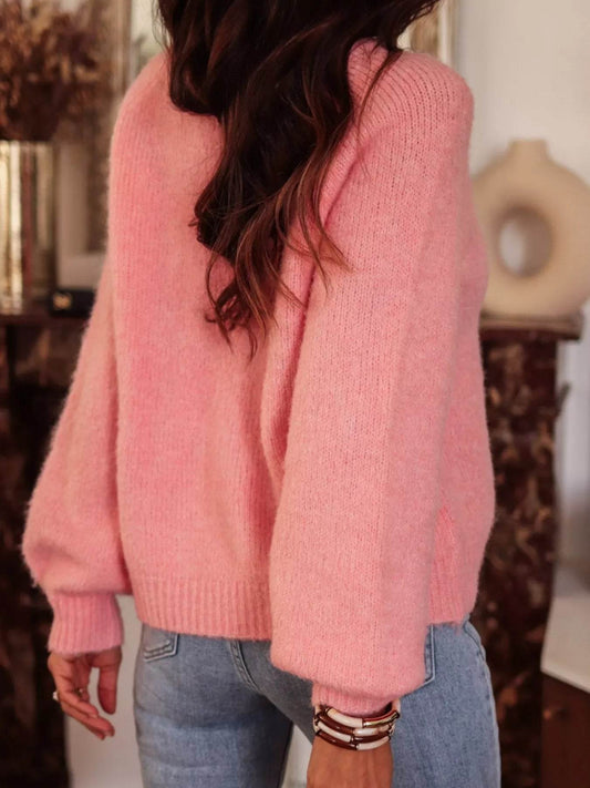 Button Detail Ribbed Hem Sweater - IntuitiveEncBoutique