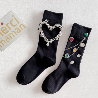 Diamond Black Chain Middle Tube Stacked Socks - IntuitiveEncBoutique