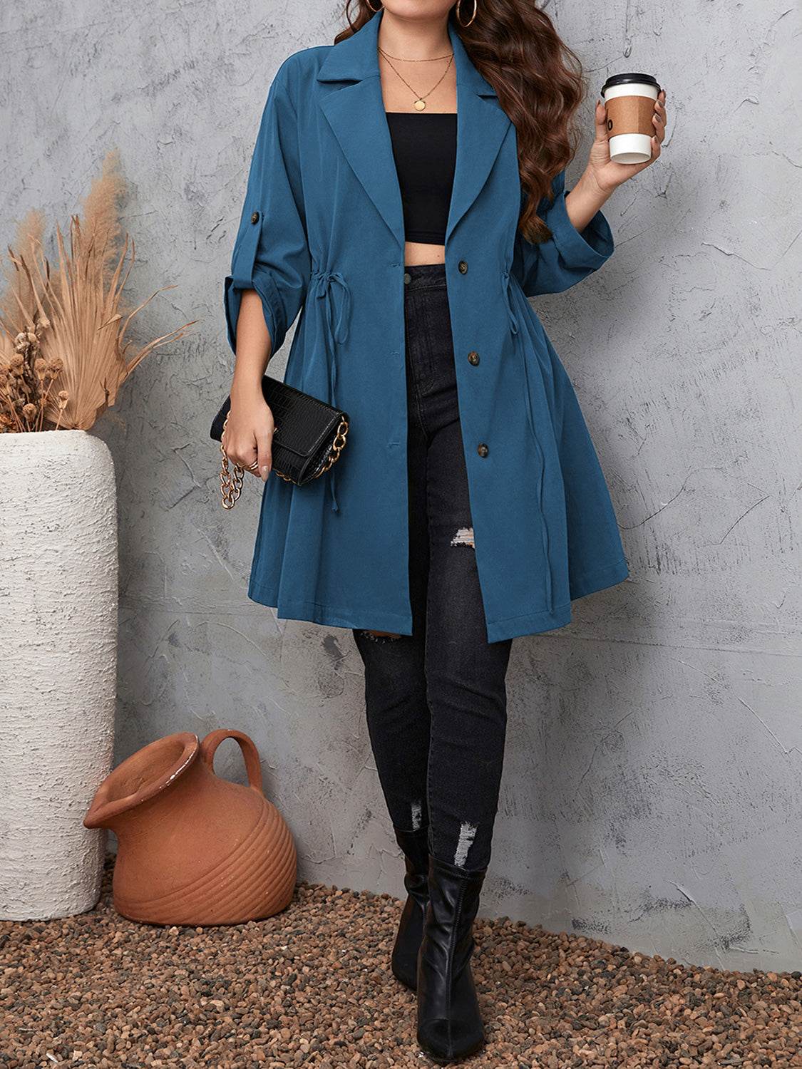 Honey Plus Size Lapel Collar Drawstring Roll-Tab Sleeve Trench Coat - IntuitiveEncBoutique