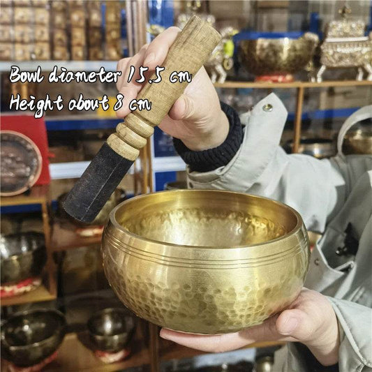 Tibetan brass singing bowl with Sanskrit – handmade meditation instrument for stress relief. - IntuitiveEncBoutique