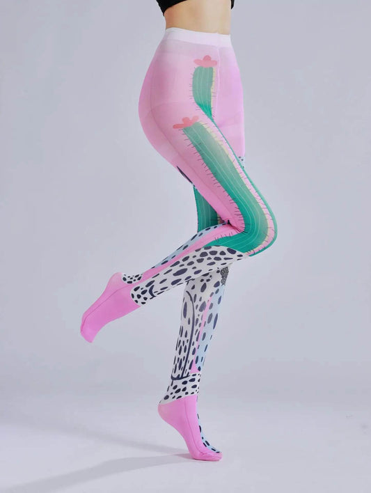 Cactus printed pantyhose with leopard print pattern as the sole personalized and fashionable pantyhose - IntuitiveEncBoutique