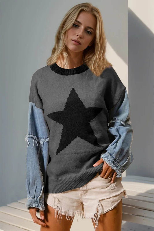 Double Take Full Size Star Pattern Raw Edge Long Sleeve Sweater - IntuitiveEncBoutique