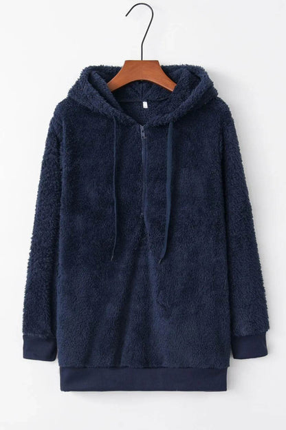 Full Size Quarter-Zip Drawstring Teddy Hoodie - IntuitiveEncBoutique