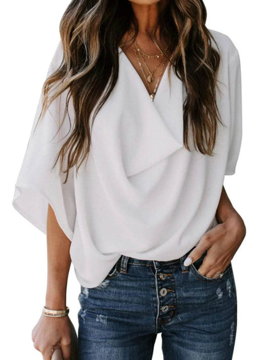 Full Size Ruched Three-Quarter Sleeve Blouse Plus Size - IntuitiveEncBoutique