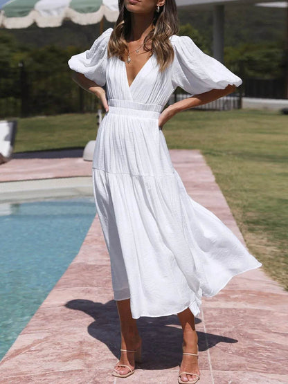 V-Neck Puff Sleeve Midi Dress - IntuitiveEncBoutique