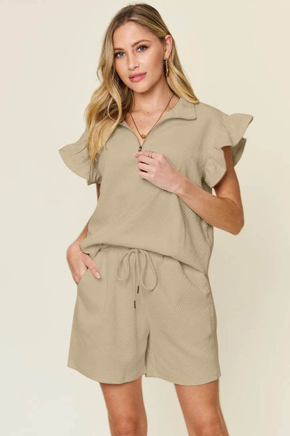 Double Take Full Size Texture Flounce Sleeve Top and Drawstring Shorts Set - IntuitiveEncBoutique