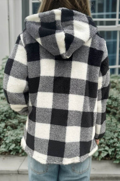 Double Take Full Size Plaid Long Sleeve Hooded Coat - IntuitiveEncBoutique