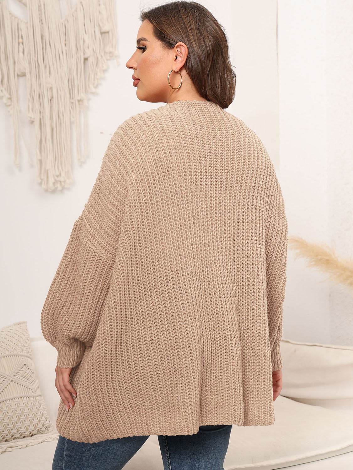 Plus Size Open Front Dropped Shoulder Knit Cardigan - IntuitiveEncBoutique
