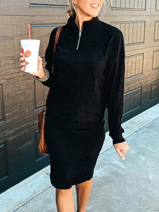Ribbed Knit Quarter-Zip Top and Skirt Set - IntuitiveEncBoutique