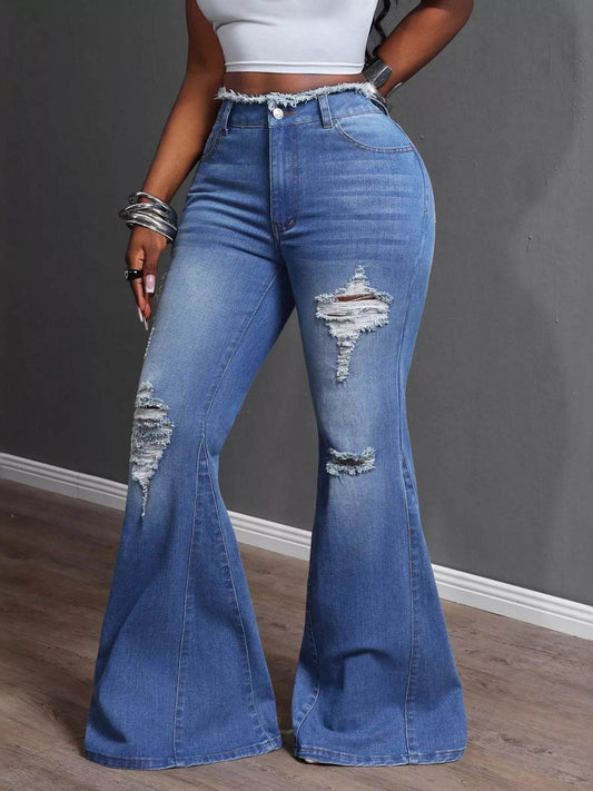 High Waisted Distressed Flare Jeans - IntuitiveEncBoutique