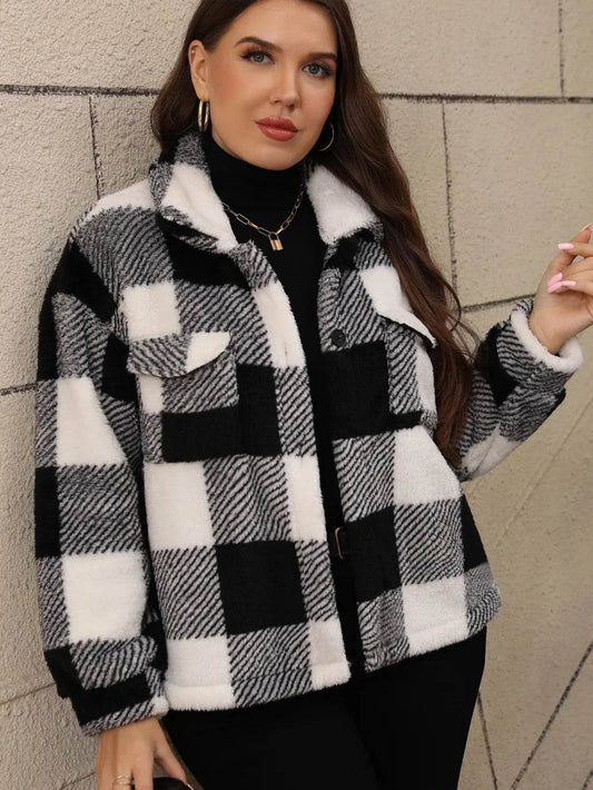 Plus Size Pocketed Plaid Collared Neck Jacket - IntuitiveEncBoutique
