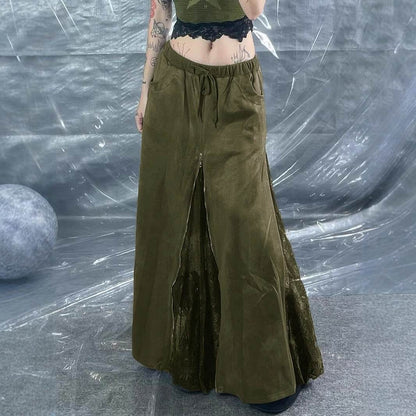 Vintage Green Lace Splicing Low Waist A-line Floor-length Skirt with Heavy Zipper - IntuitiveEncBoutique