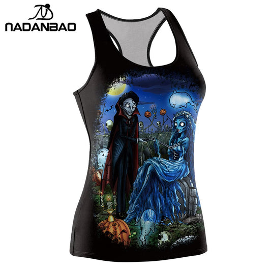 Tank Top Women Halloween Corpse Bride type Jack-o'-lantern Printed Sleeveless work out Tops