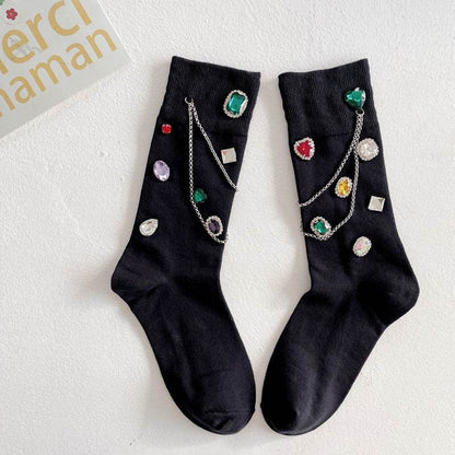 Diamond Black Chain Middle Tube Stacked Socks - IntuitiveEncBoutique