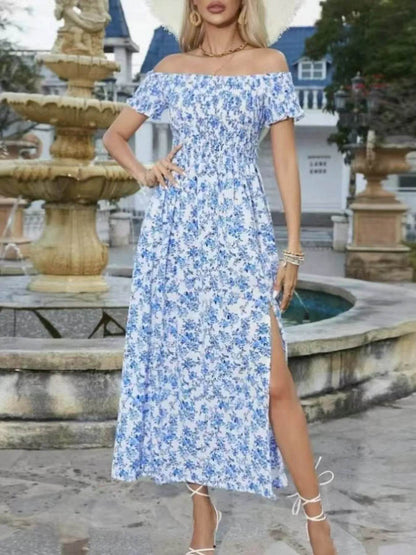 Full Size Slit Off-Shoulder Floral Midi Dress Plus Size - IntuitiveEncBoutique
