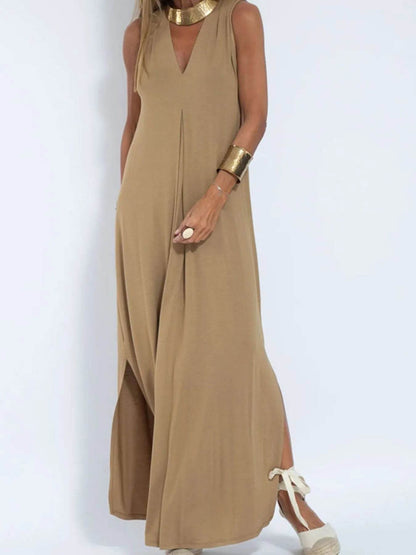 Full Size V-Neck Sleeveless Maxi Dress with Slit Plus Size - IntuitiveEncBoutique