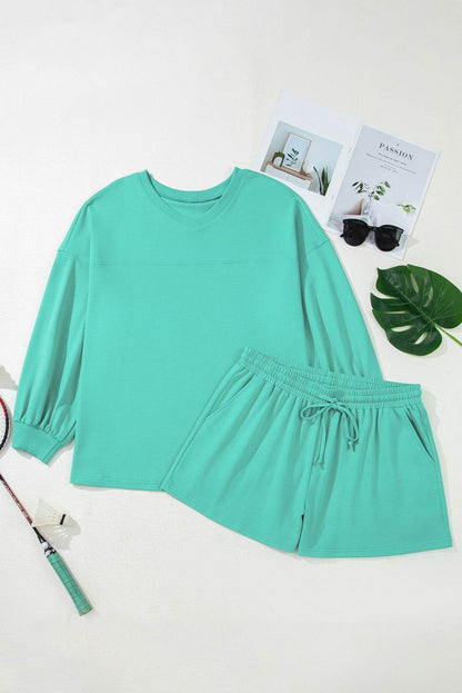 Sea Green Drop Shoulder V Neck Pullover Top and Drawstring Short Plus Size Set - IntuitiveEncBoutique