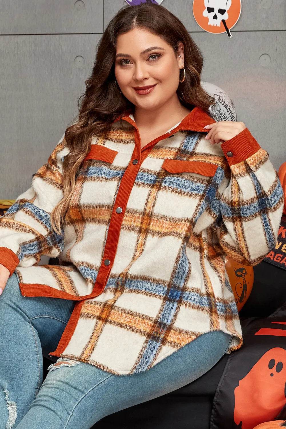 Plus Size Plaid Button Down Jacket - IntuitiveEncBoutique