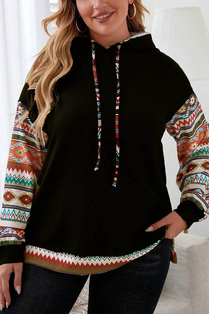 Plus Size Waffle-Knit Geometric Dropped Shoulder Hoodie - IntuitiveEncBoutique
