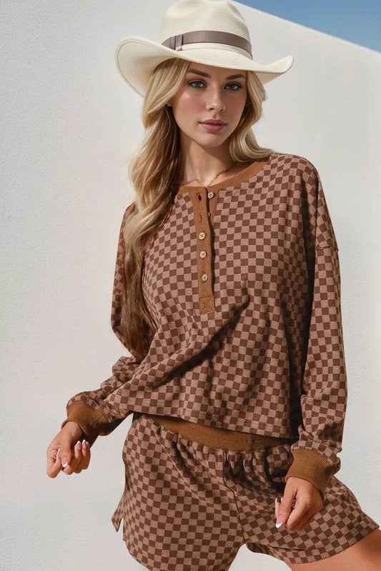 Double Take Checkered Half Button Top and Shorts Set - IntuitiveEncBoutique
