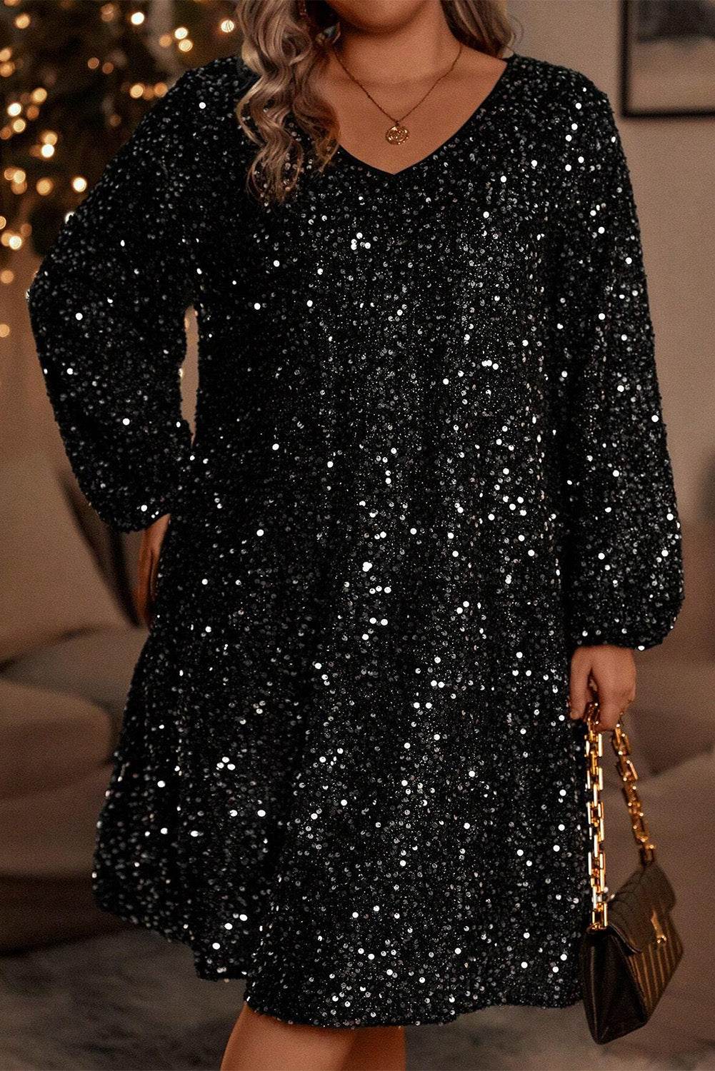 Color black Plus Size Bubble Sleeve V Neck Sequin Dress - IntuitiveEncBoutique