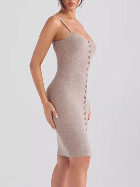 Ribbed Button-Front Bodycon Sweater Dress - IntuitiveEncBoutique