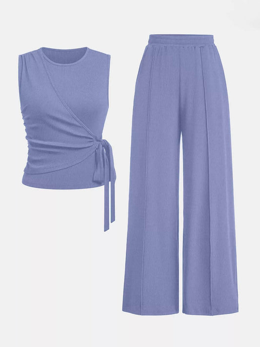 Side Tie Round Neck Tank and Pants Set - IntuitiveEncBoutique