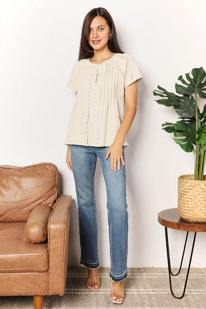Double Take Crochet Buttoned Short Sleeves Top - IntuitiveEncBoutique