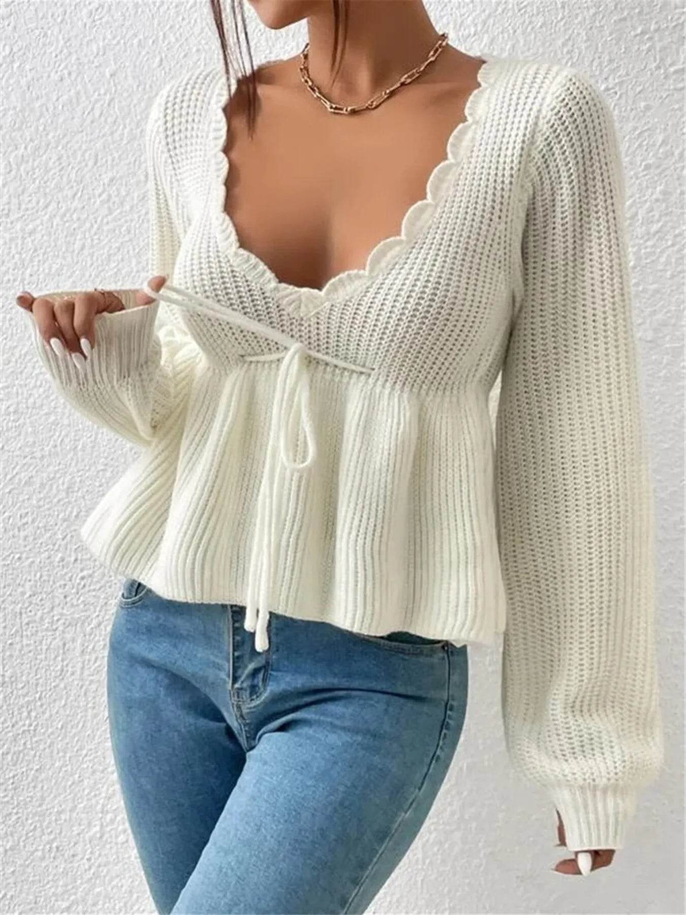 Scalloped V-Neck Drawstring Knit Top - IntuitiveEncBoutique