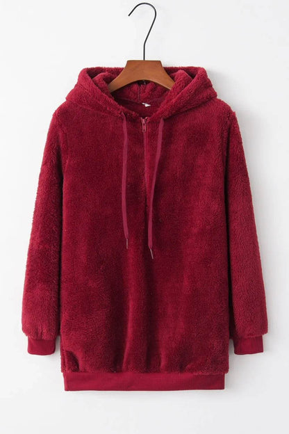 Full Size Quarter-Zip Drawstring Teddy Hoodie - IntuitiveEncBoutique