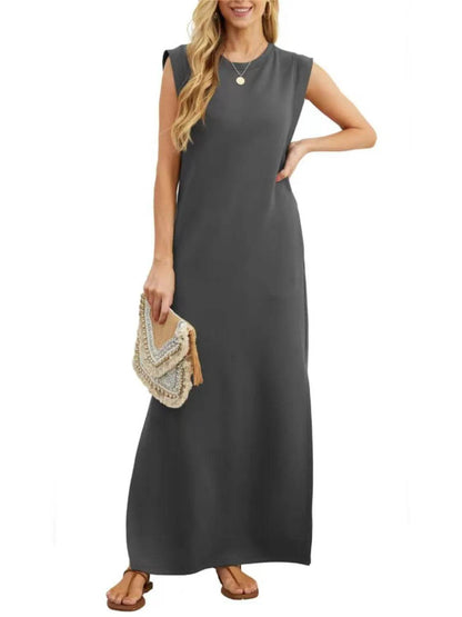 Full Size Slit Round Neck Sleeveless Maxi Tank Dress Plus Size - IntuitiveEncBoutique