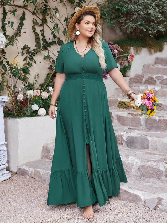Plus Size Button Detail V-Neck Short Sleeve Maxi Dress - IntuitiveEncBoutique