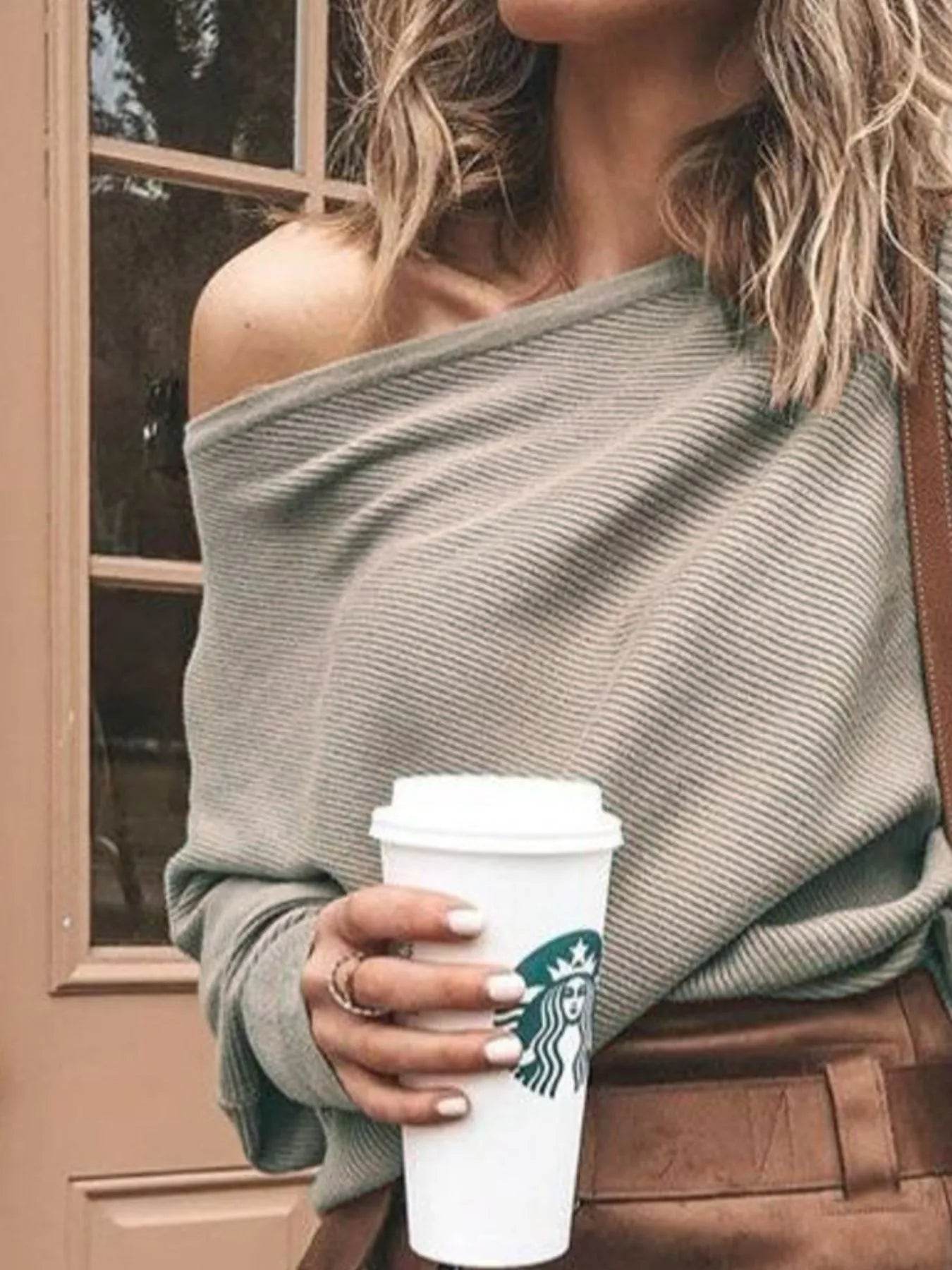 Full Size One-Shoulder Ribbed Sweater Plus Size - IntuitiveEncBoutique