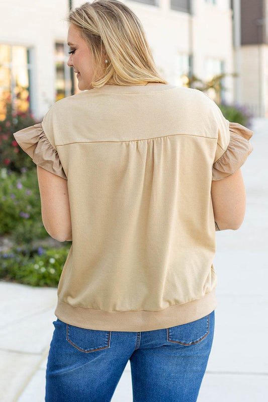 Parchment Ruffled Short Sleeve Bowknot Applique Crew Neck Plus Size Top - IntuitiveEncBoutique