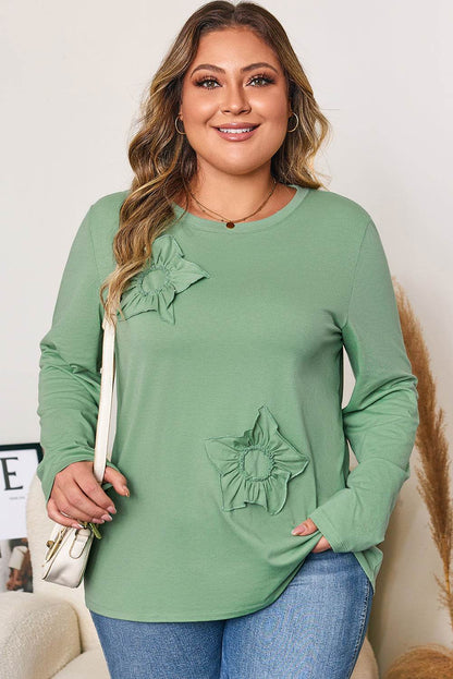 Grass Green Flower Applique Mineral Wash Plus Size Top - IntuitiveEncBoutique