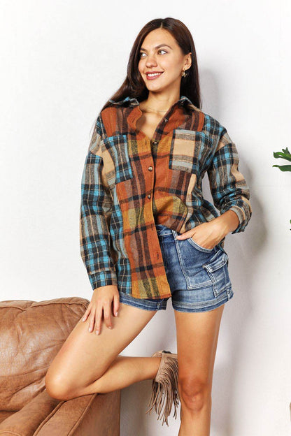 Double Take Plaid Curved Hem Shirt Jacket with Breast Pockets - IntuitiveEncBoutique