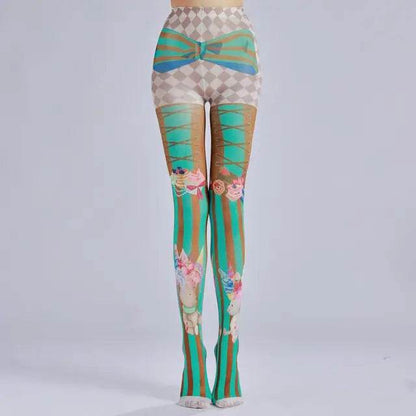 Cake ice cream printed pantyhose with striped checkered pattern as a base sock - IntuitiveEncBoutique