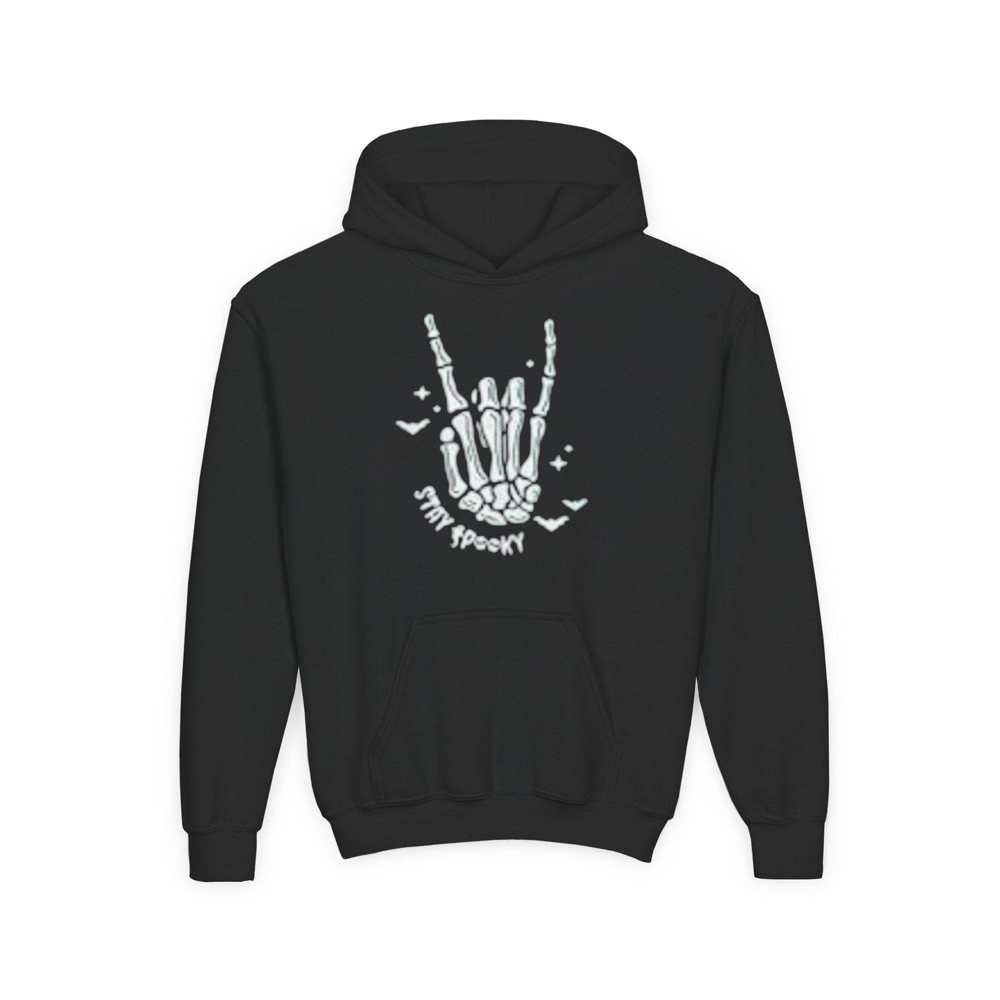 Youth Ghostly Rocker Hoodie - Stay Spooky Sweatshirt, Halloween Apparel, Youth Fashion, Skeleton Design, Cozy Gift - IntuitiveEncBoutique
