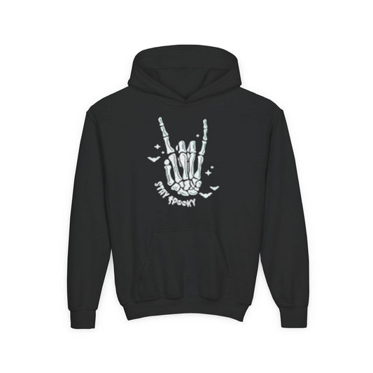 Youth Ghostly Rocker Hoodie - Stay Spooky Sweatshirt, Halloween Apparel, Youth Fashion, Skeleton Design, Cozy Gift - IntuitiveEncBoutique