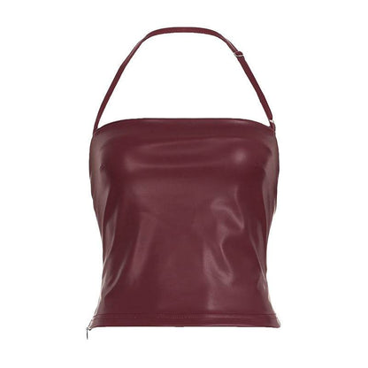Lover's Unforgettable Motorcycle Style Girl PU Spliced One-Shoulder Halter Backless Top Sexy - IntuitiveEncBoutique