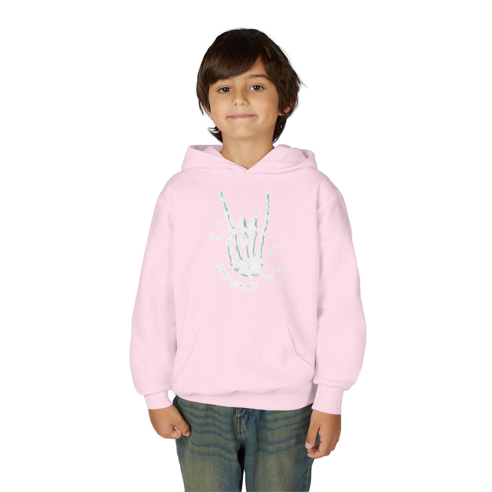 Youth Ghostly Rocker Hoodie - Stay Spooky Sweatshirt, Halloween Apparel, Youth Fashion, Skeleton Design, Cozy Gift - IntuitiveEncBoutique