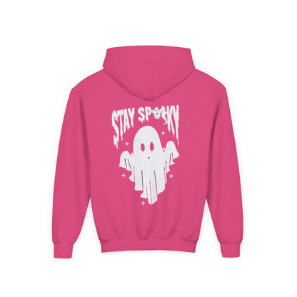 Youth Ghostly Rocker Hoodie - Stay Spooky Sweatshirt, Halloween Apparel, Youth Fashion, Skeleton Design, Cozy Gift - IntuitiveEncBoutique