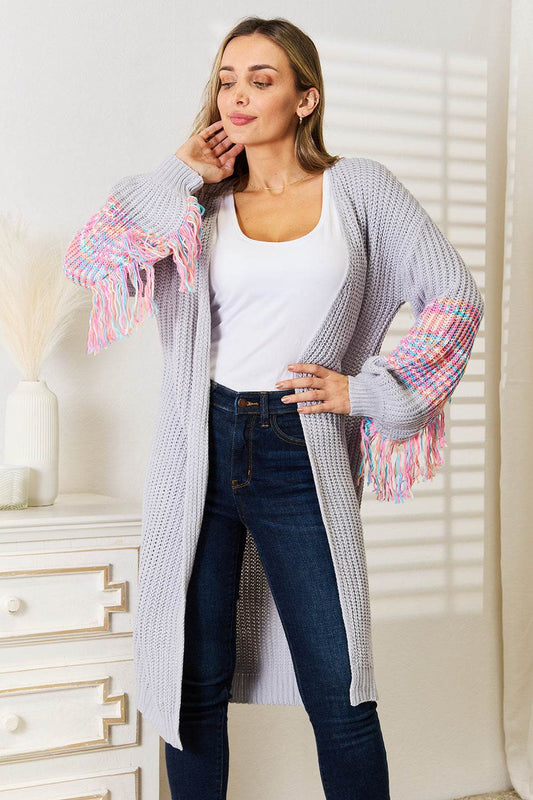 Woven Right Fringe Sleeve Dropped Shoulder Cardigan - IntuitiveEncBoutique