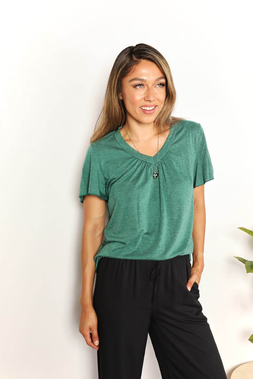 Double Take Ruched V-Neck Short Sleeve T-Shirt - IntuitiveEncBoutique
