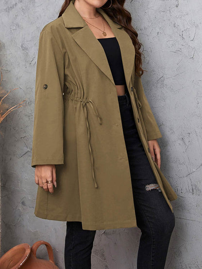 Honey Plus Size Lapel Collar Drawstring Roll-Tab Sleeve Trench Coat - IntuitiveEncBoutique