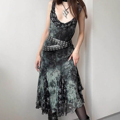 Gothic Vintage Tie-Dye Floral Ruffle Irregular Hem Dress with Sexy Lace Mesh Sleeveless Long Skirt - IntuitiveEncBoutique