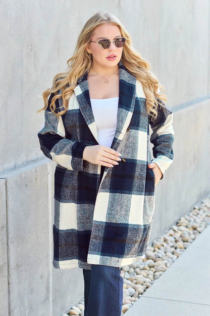 Double Take Full Size Plaid Button Up Lapel Collar Coat - IntuitiveEncBoutique